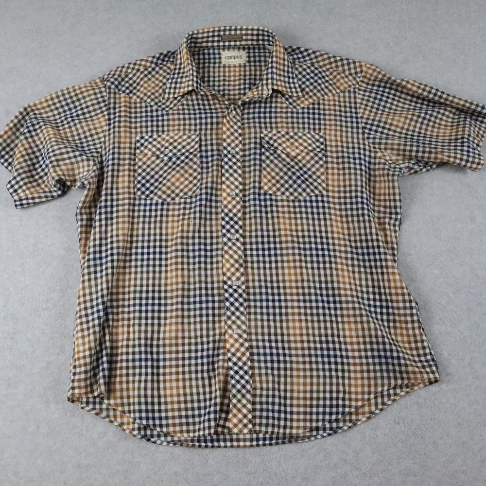 Campus Shirt Mens XL Rugged Country Western Cowboy Pearl Snap Plaid Short Sleeve